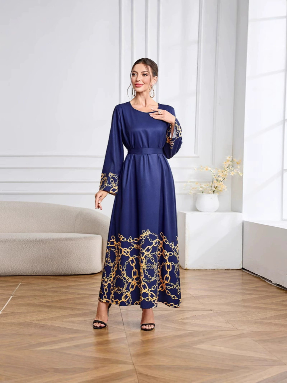 ZARA Elegant Printed Round Neck Belted Long Dress Robe Tunic